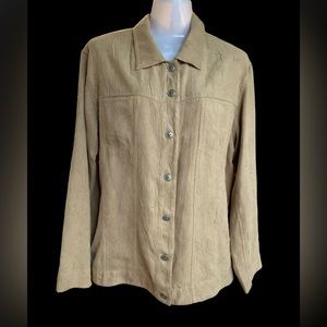 CHICOs Faux Suede Taupe Button Down Top, Size 12.